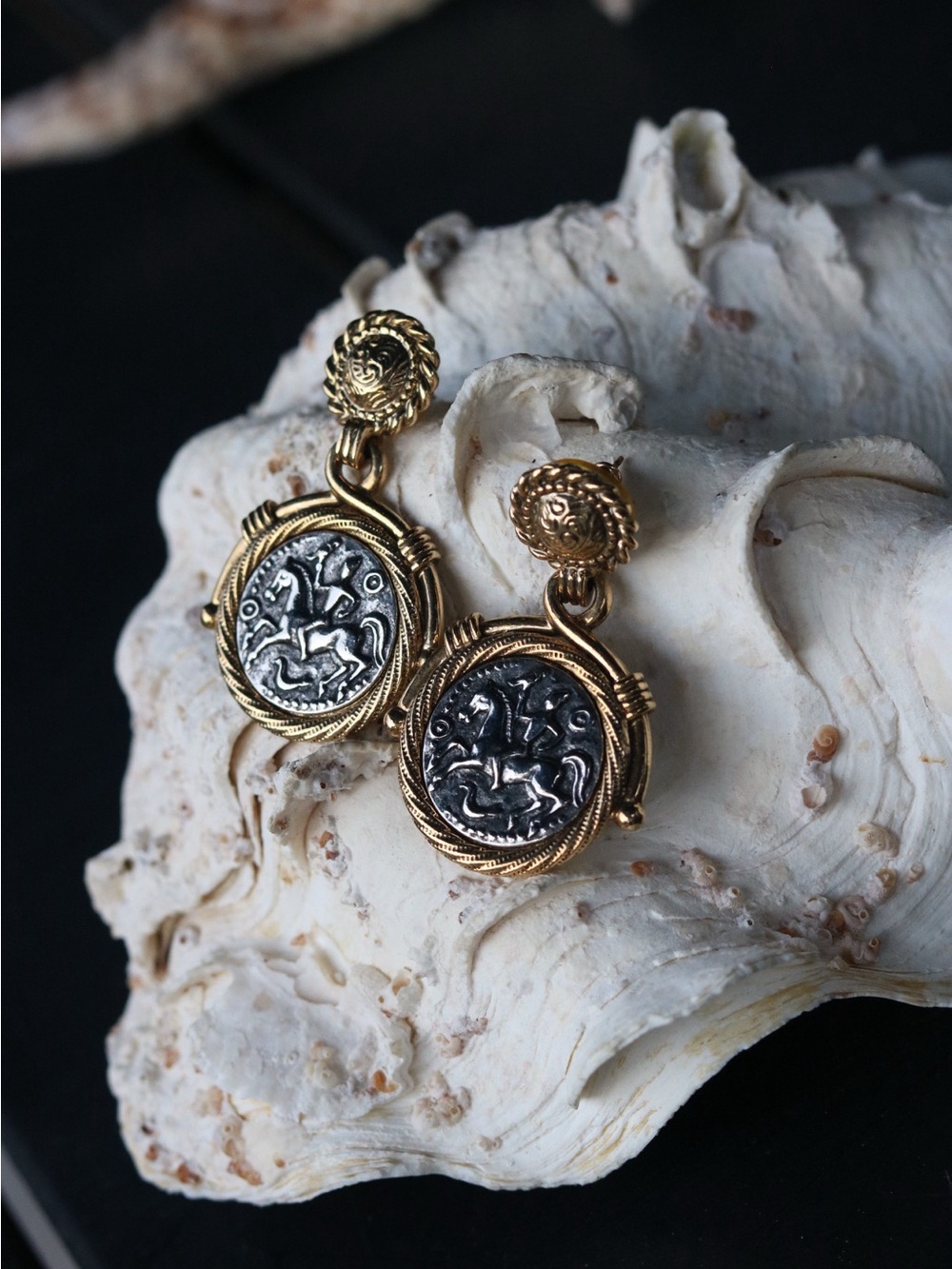 Two-tone dangling earrings cast ancient Greek coin replica in god and silver ton